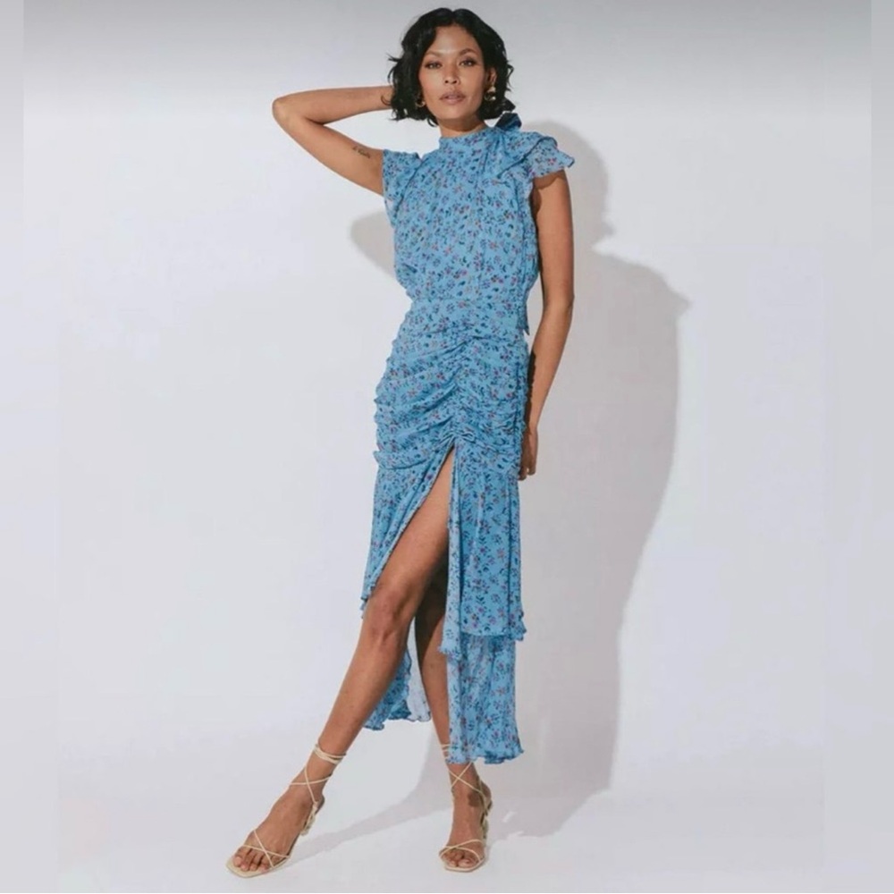 Cleobella Cecilia blue floral viscose front slit ruched dress NWT extra small